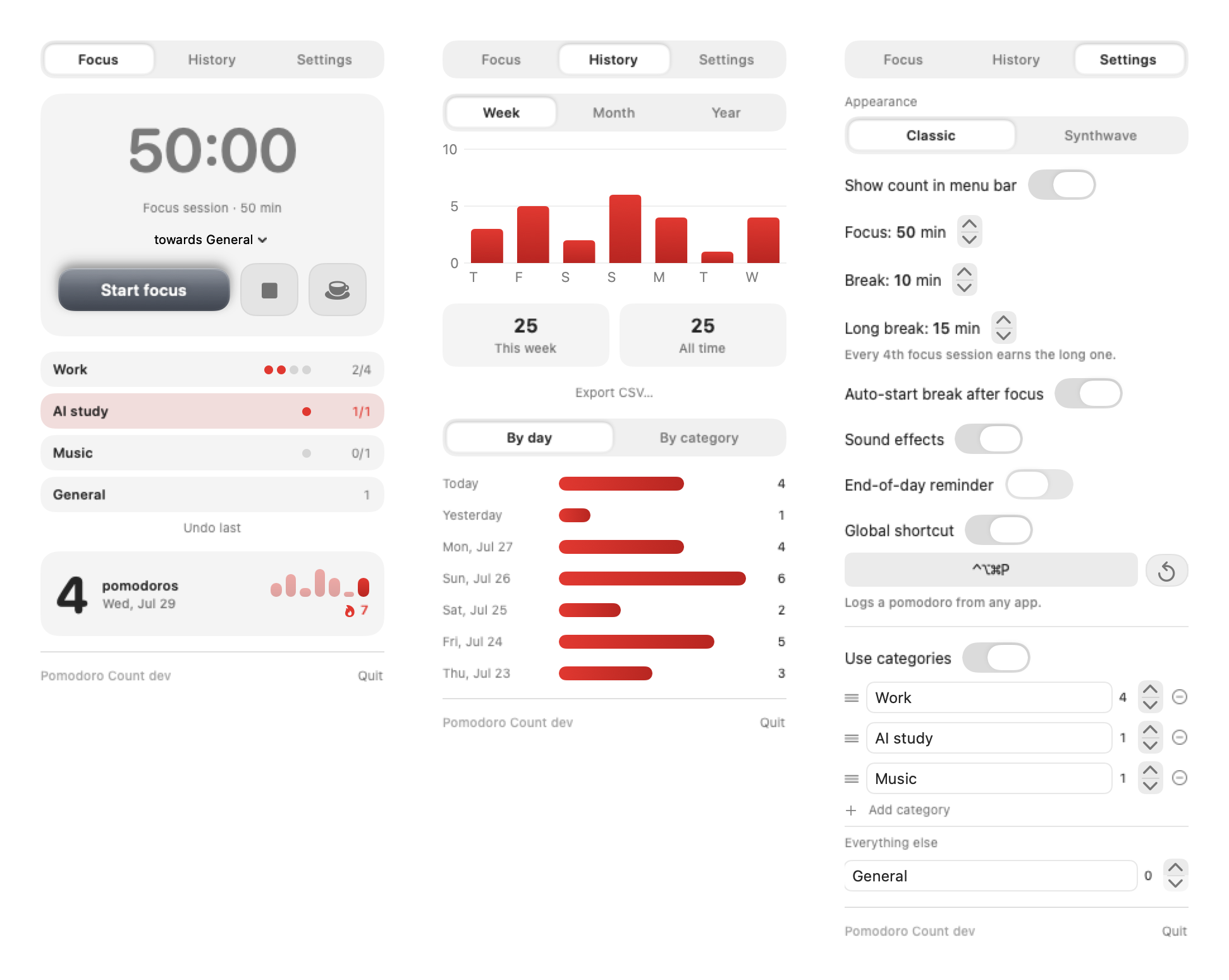 Pomodoro Count showing its Focus, History, and Settings tabs in the Classic theme.