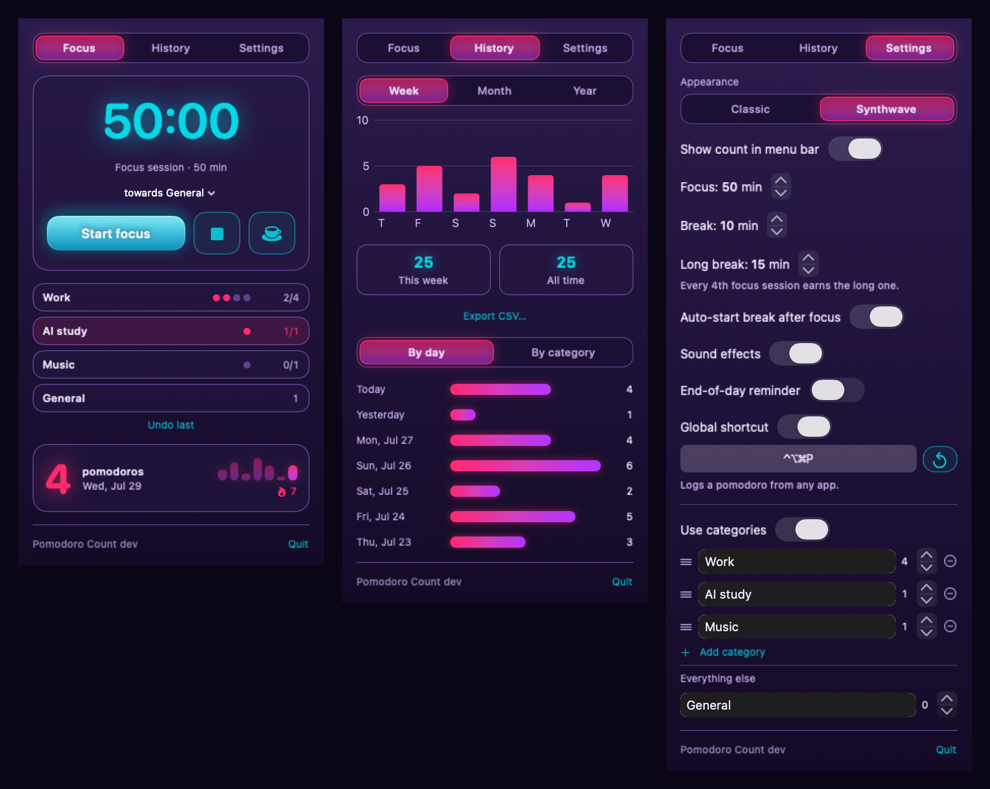 Pomodoro Count showing the same three tabs in its dark Synthwave theme.